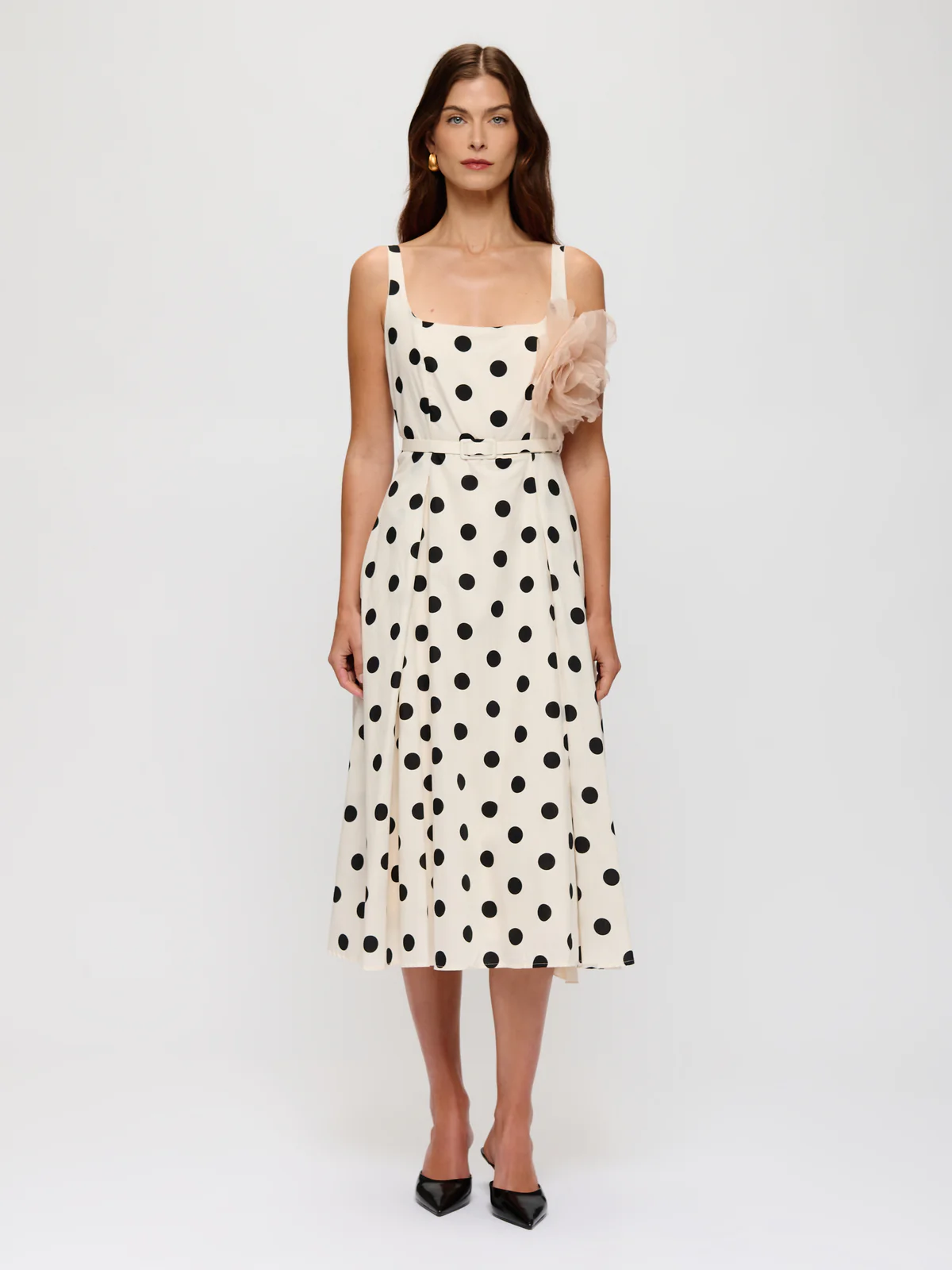 Polka-Dot Belted Midi Dress