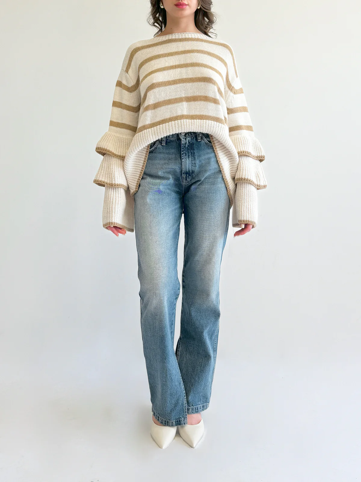 Tiered Ruffle Sleeve Striped Sweater