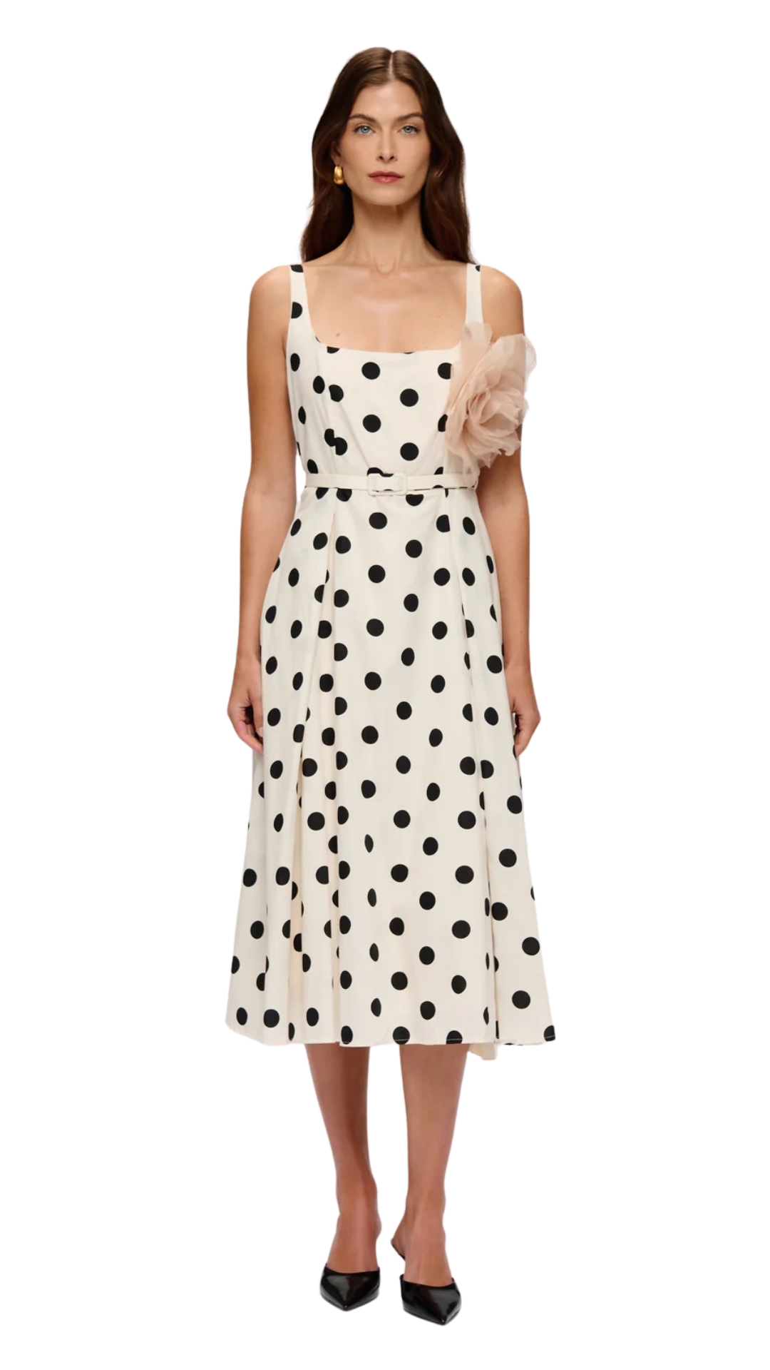 Polka-Dot Belted Midi Dress